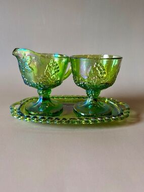Vintage Indiana Glass Grape & Leaf Green Carnival Creamer Sugar & Tray Set